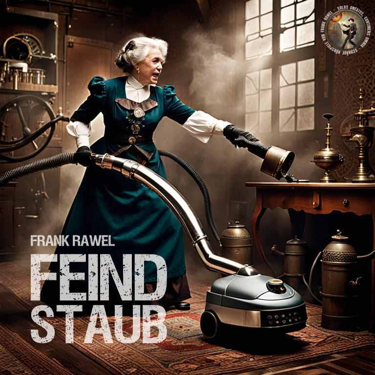 Hörspiel-Cover: Feind Staub, zeigt eine alte Dame mit Staubsauger 