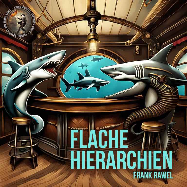 Cover: Flache Hierarchien, zeigt eine Bar mit Haifischbecken