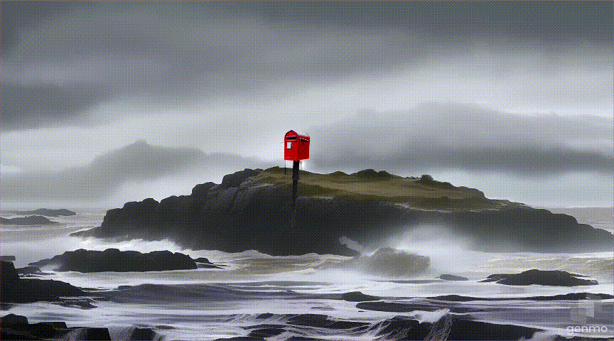 Hörspiel-Cover: Niksloska - zeigt einen Mann mit Vorschlaghammer vor einem roten Briefkasten auf einer winzigen Insel in rauher See