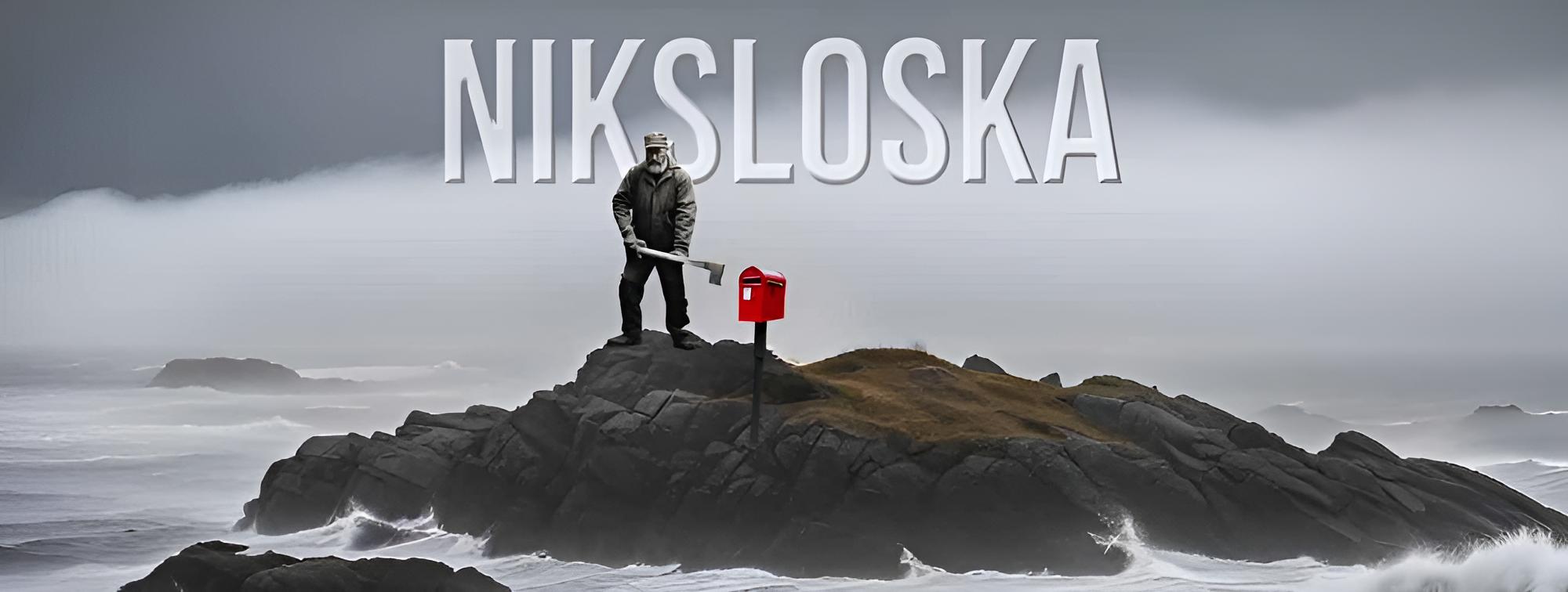 Hörspiel-Cover: Niksloska - zeigt einen Mann mit Vorschlaghammer vor einem roten Briefkasten auf einer winzigen Insel in rauher See