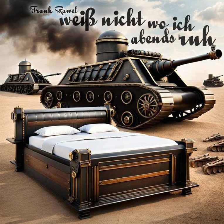 Hörspiel-Cover: Weiß nicht wo ich abends ruh, zeigt ein Bett vor einem Panzer