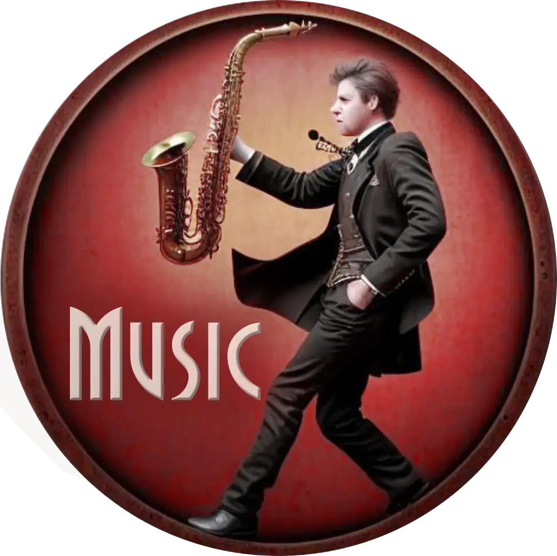 kreisförmiges Logo, zeigt im Steampunklook einen Mann mit Saxophon im Wind